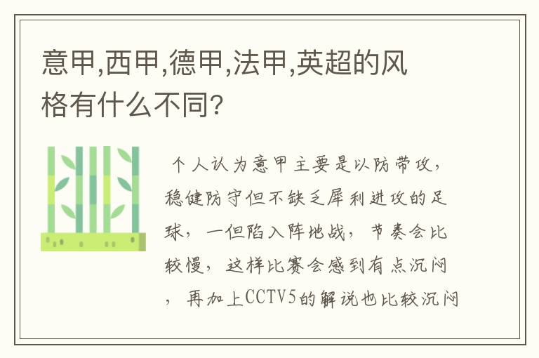 意甲,西甲,德甲,法甲,英超的风格有什么不同?