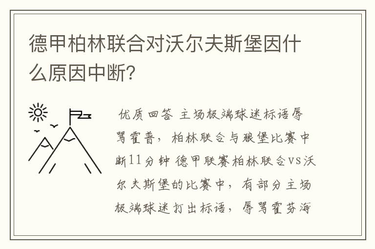 德甲柏林联合对沃尔夫斯堡因什么原因中断？