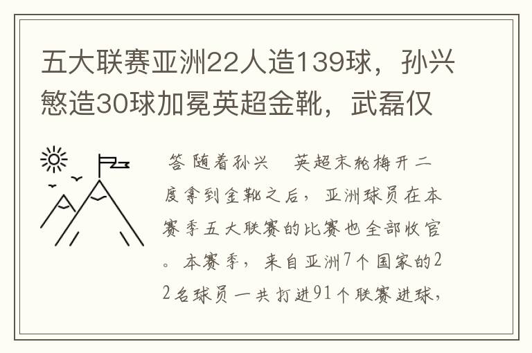 五大联赛亚洲22人造139球，孙兴慜造30球加冕英超金靴，武磊仅1球