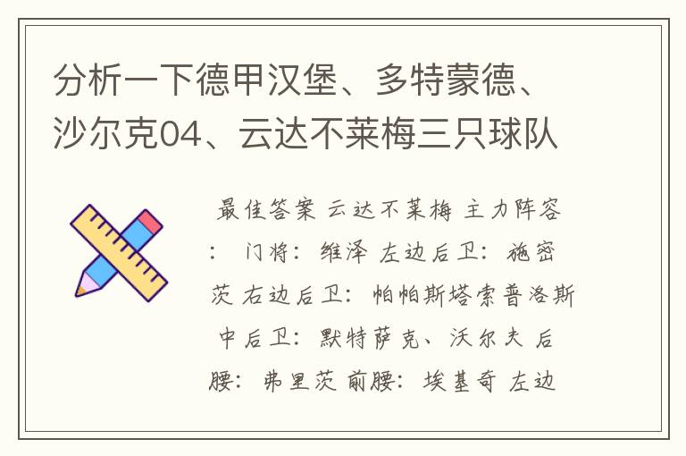 分析一下德甲汉堡、多特蒙德、沙尔克04、云达不莱梅三只球队的人员打法和阵型