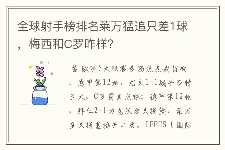 全球射手榜排名莱万猛追只差1球，梅西和C罗咋样？