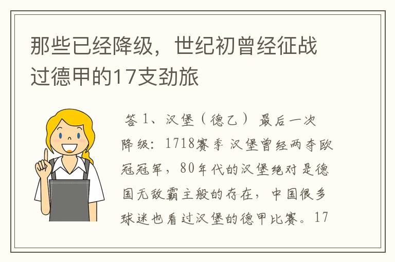 那些已经降级，世纪初曾经征战过德甲的17支劲旅