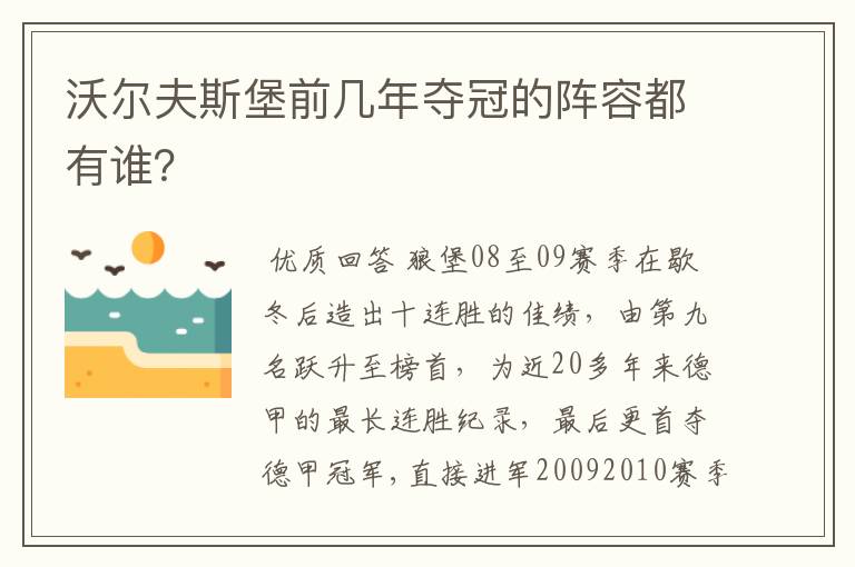 沃尔夫斯堡前几年夺冠的阵容都有谁？