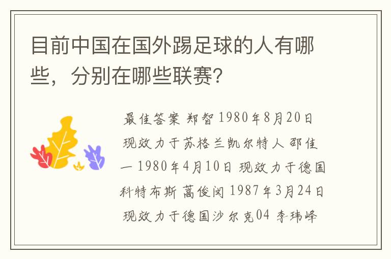 目前中国在国外踢足球的人有哪些，分别在哪些联赛？