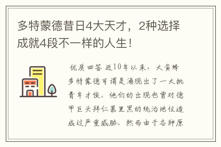 多特蒙德昔日4大天才，2种选择成就4段不一样的人生！