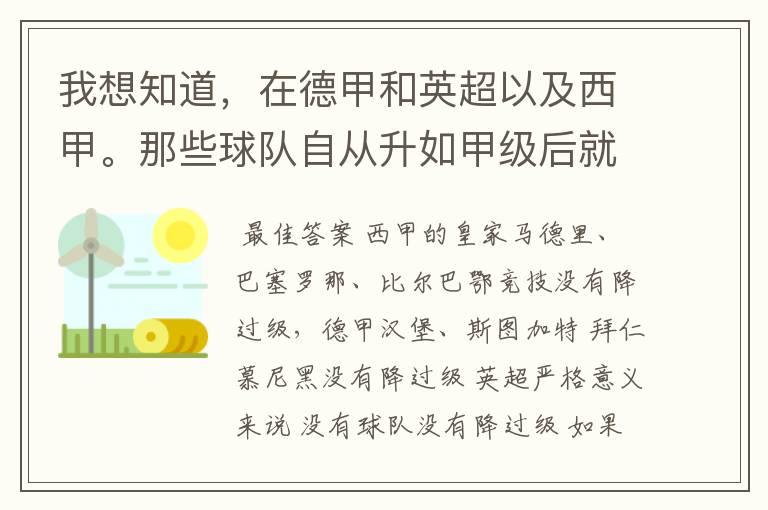 我想知道，在德甲和英超以及西甲。那些球队自从升如甲级后就从没有降过级？