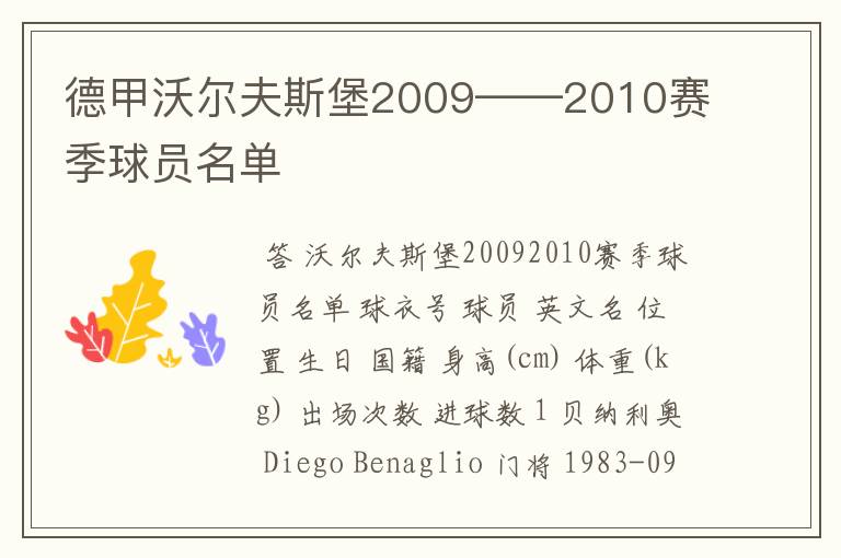 德甲沃尔夫斯堡2009——2010赛季球员名单