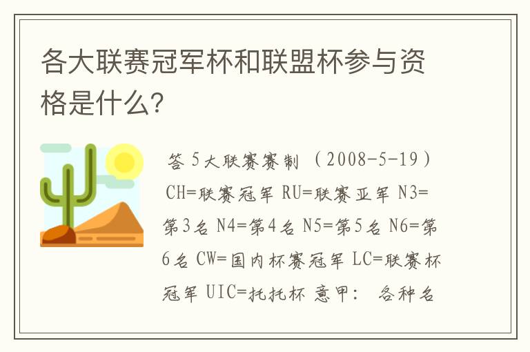 各大联赛冠军杯和联盟杯参与资格是什么？