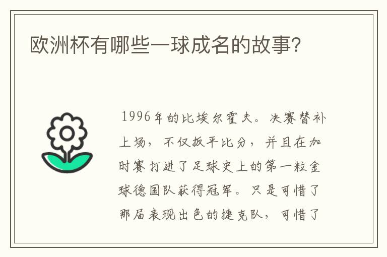 欧洲杯有哪些一球成名的故事？