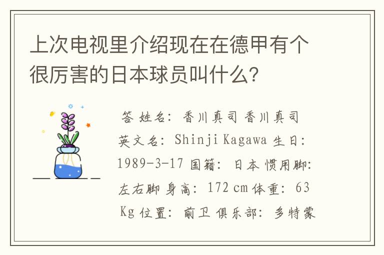 上次电视里介绍现在在德甲有个很厉害的日本球员叫什么？