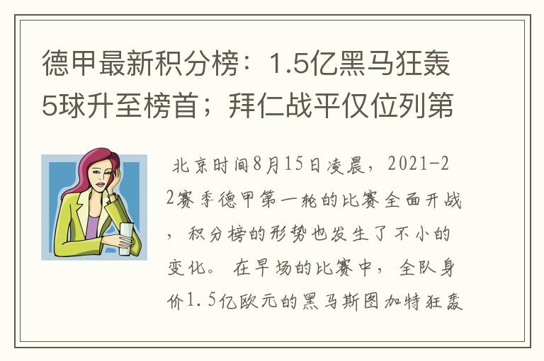 德甲最新积分榜：1.5亿黑马狂轰5球升至榜首；拜仁战平仅位列第7