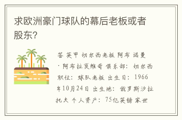 求欧洲豪门球队的幕后老板或者股东？