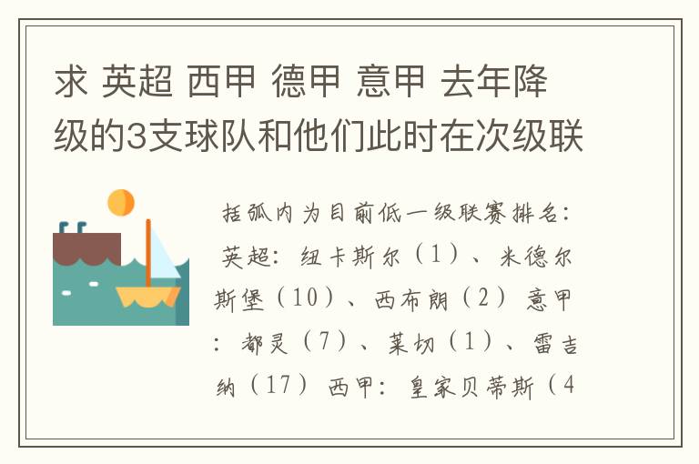 求 英超 西甲 德甲 意甲 去年降级的3支球队和他们此时在次级联赛的排名