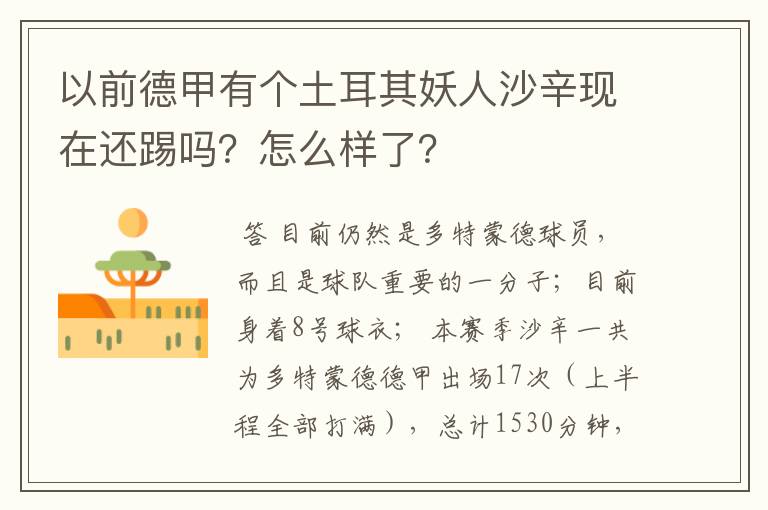 以前德甲有个土耳其妖人沙辛现在还踢吗？怎么样了？