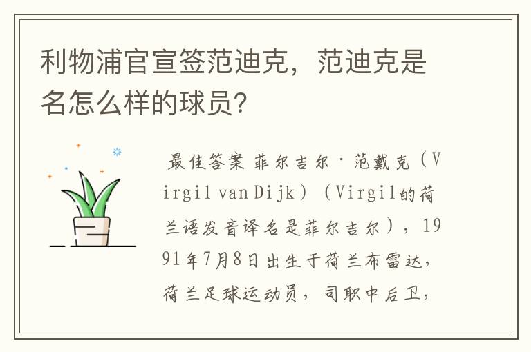 利物浦官宣签范迪克，范迪克是名怎么样的球员？