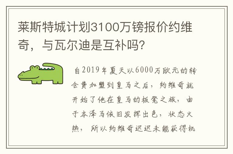 莱斯特城计划3100万镑报价约维奇，与瓦尔迪是互补吗？