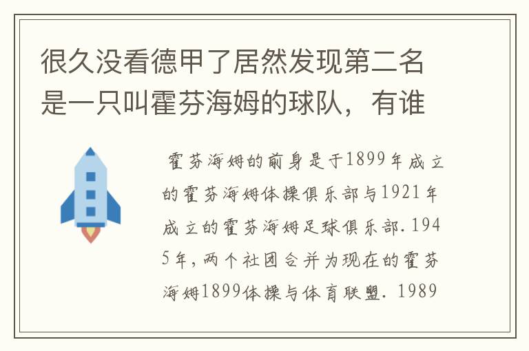 很久没看德甲了居然发现第二名是一只叫霍芬海姆的球队，有谁知道吗