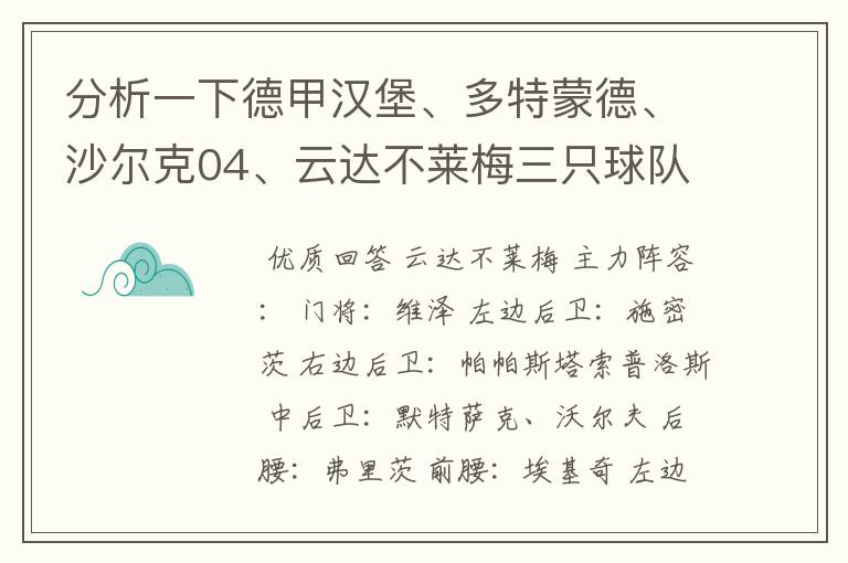 分析一下德甲汉堡、多特蒙德、沙尔克04、云达不莱梅三只球队的人员打法和阵型