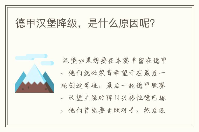 德甲汉堡降级，是什么原因呢？