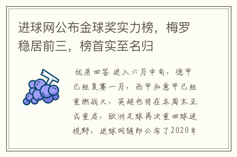 进球网公布金球奖实力榜，梅罗稳居前三，榜首实至名归