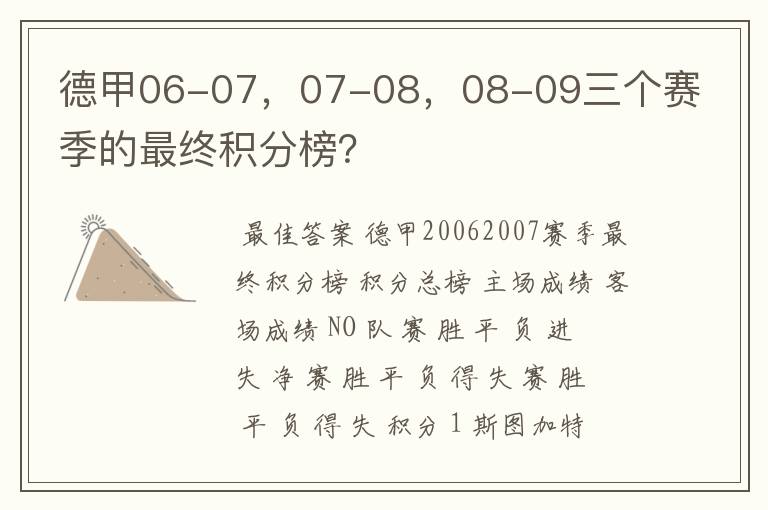 德甲06-07，07-08，08-09三个赛季的最终积分榜？