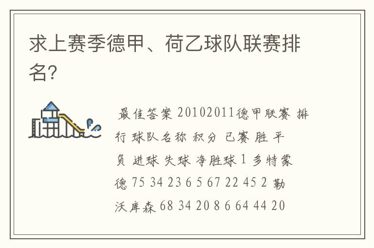 求上赛季德甲、荷乙球队联赛排名？