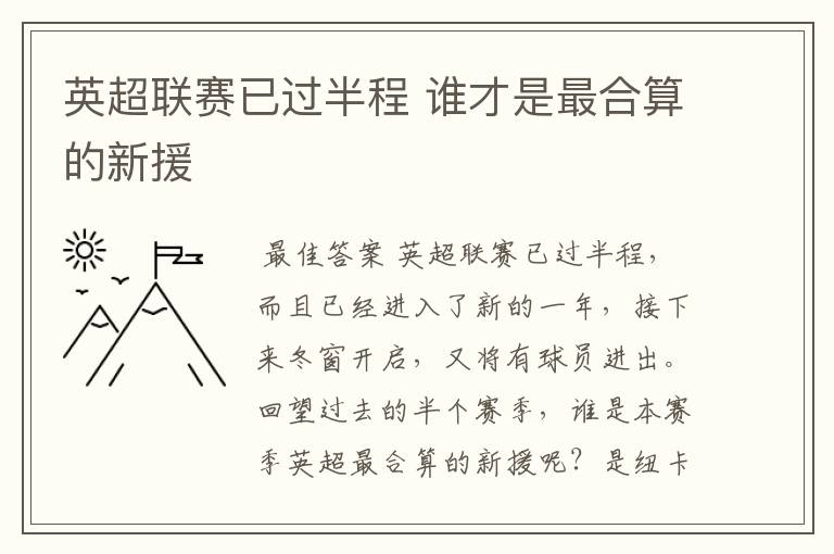 英超联赛已过半程 谁才是最合算的新援