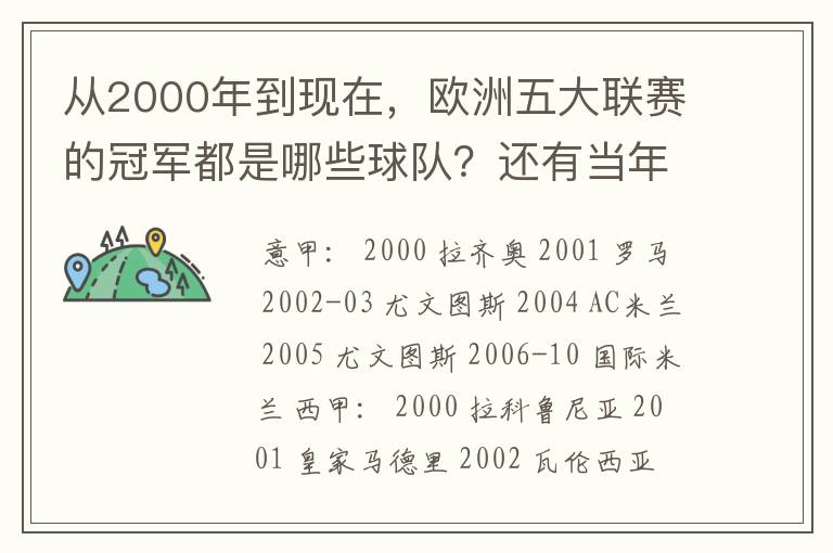 从2000年到现在，欧洲五大联赛的冠军都是哪些球队？还有当年的欧冠冠军。