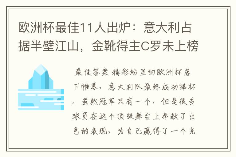 欧洲杯最佳11人出炉：意大利占据半壁江山，金靴得主C罗未上榜