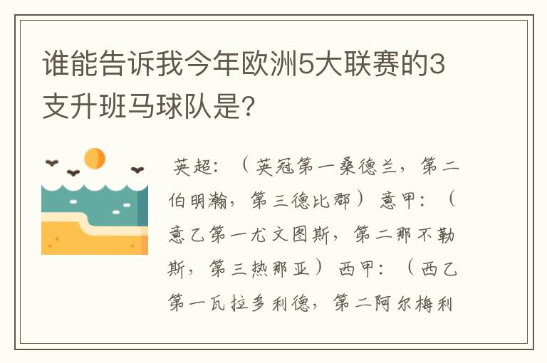 谁能告诉我今年欧洲5大联赛的3支升班马球队是?