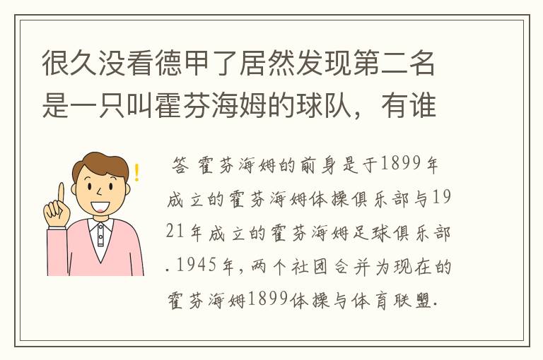 很久没看德甲了居然发现第二名是一只叫霍芬海姆的球队，有谁知道吗