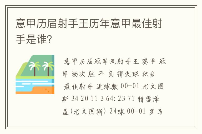 意甲历届射手王历年意甲最佳射手是谁？