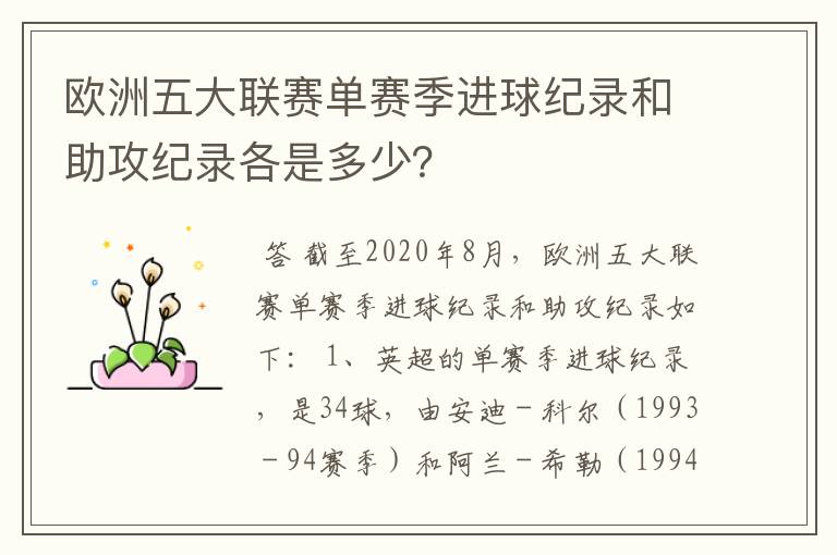 欧洲五大联赛单赛季进球纪录和助攻纪录各是多少？