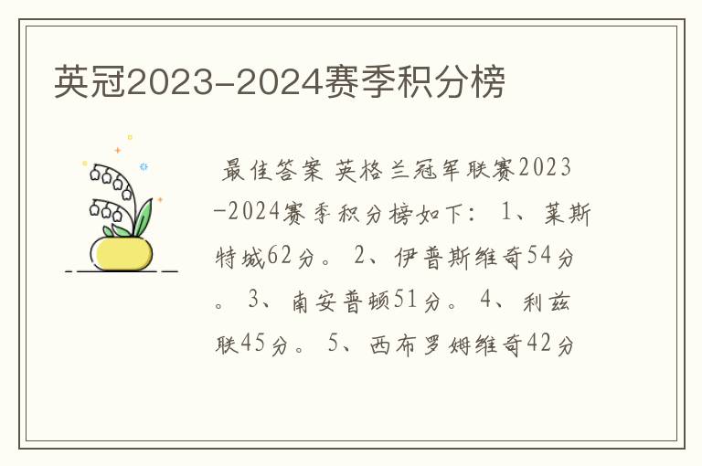 英冠2023-2024赛季积分榜