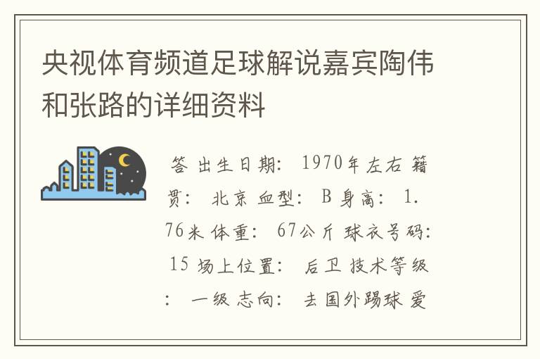 央视体育频道足球解说嘉宾陶伟和张路的详细资料