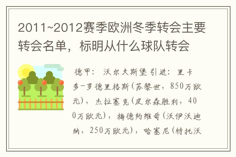 2011~2012赛季欧洲冬季转会主要转会名单，标明从什么球队转会到什么球队，多谢~