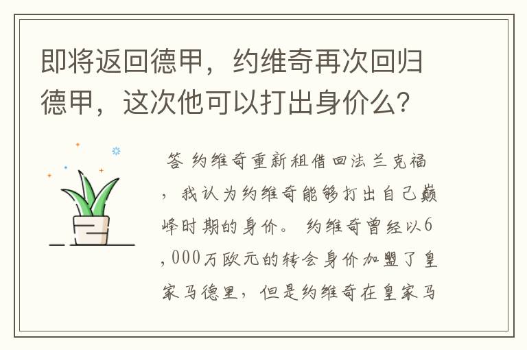 即将返回德甲，约维奇再次回归德甲，这次他可以打出身价么？