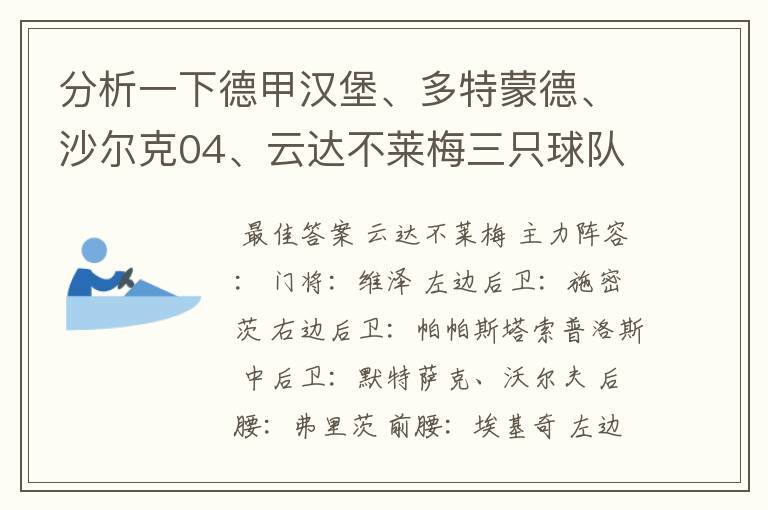 分析一下德甲汉堡、多特蒙德、沙尔克04、云达不莱梅三只球队的人员打法和阵型