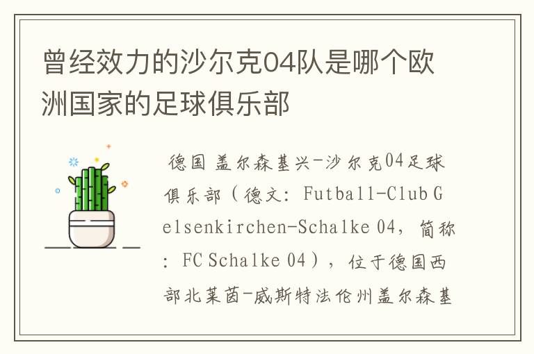 曾经效力的沙尔克04队是哪个欧洲国家的足球俱乐部