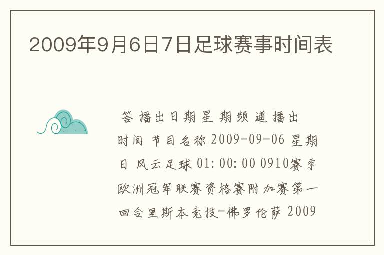 2009年9月6日7日足球赛事时间表