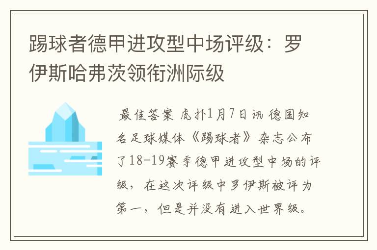 踢球者德甲进攻型中场评级：罗伊斯哈弗茨领衔洲际级