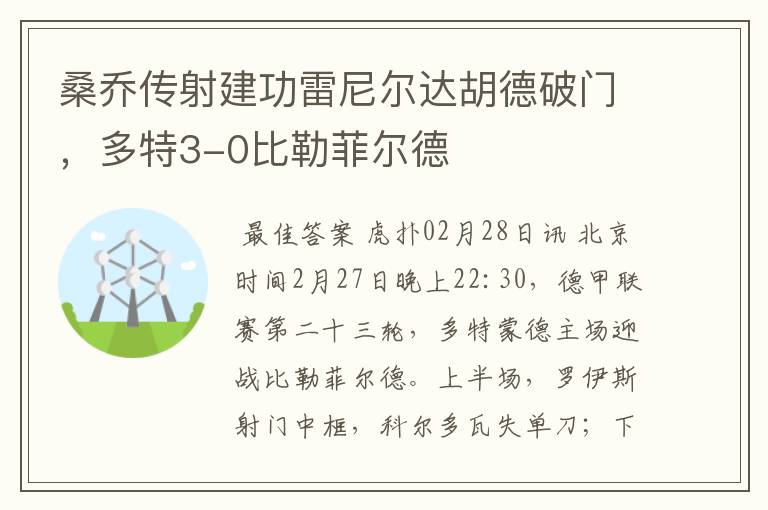 桑乔传射建功雷尼尔达胡德破门，多特3-0比勒菲尔德