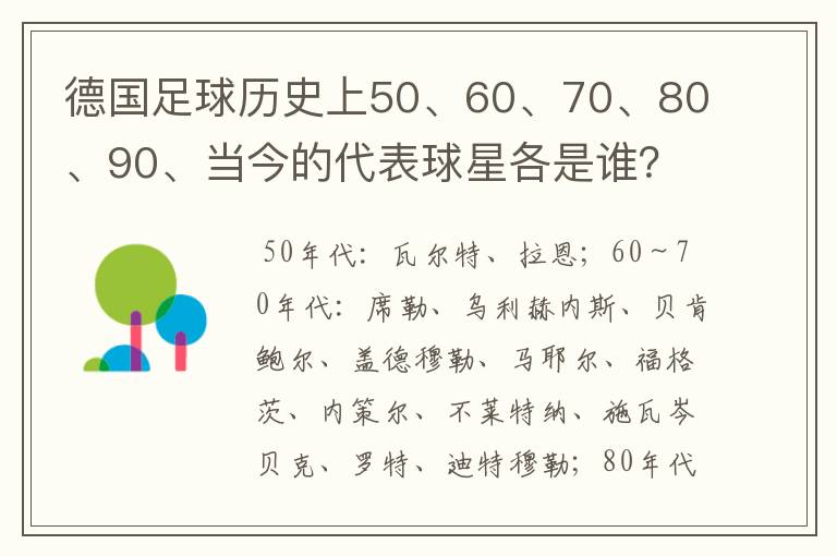 德国足球历史上50、60、70、80、90、当今的代表球星各是谁？