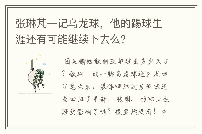 张琳芃一记乌龙球，他的踢球生涯还有可能继续下去么？