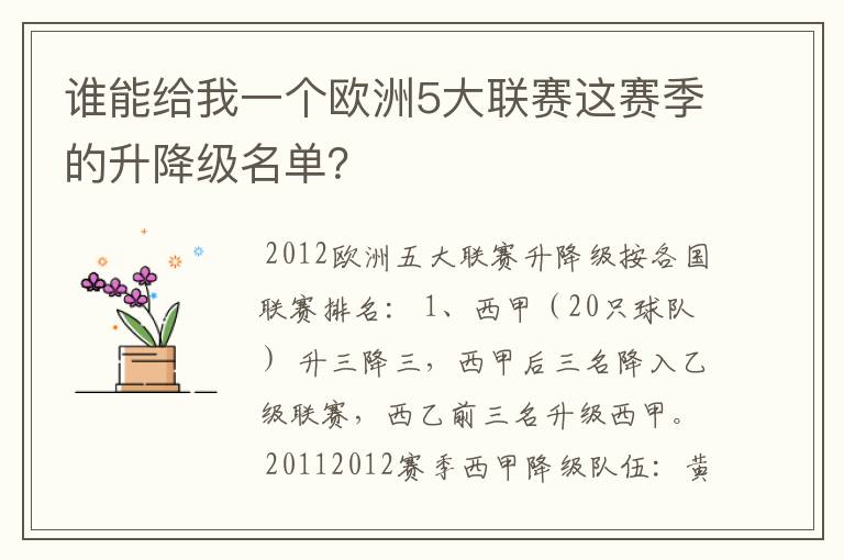 谁能给我一个欧洲5大联赛这赛季的升降级名单？