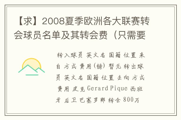 【求】2008夏季欧洲各大联赛转会球员名单及其转会费（只需要知名球星）