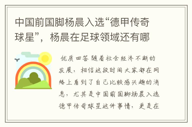 中国前国脚杨晨入选“德甲传奇球星”，杨晨在足球领域还有哪些成就？