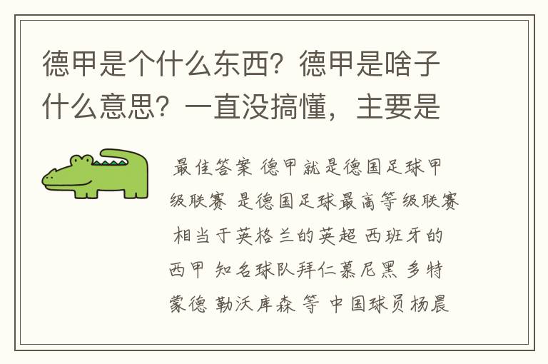 德甲是个什么东西？德甲是啥子什么意思？一直没搞懂，主要是我平时基本不看德甲呀，足球什么的。?推荐一下