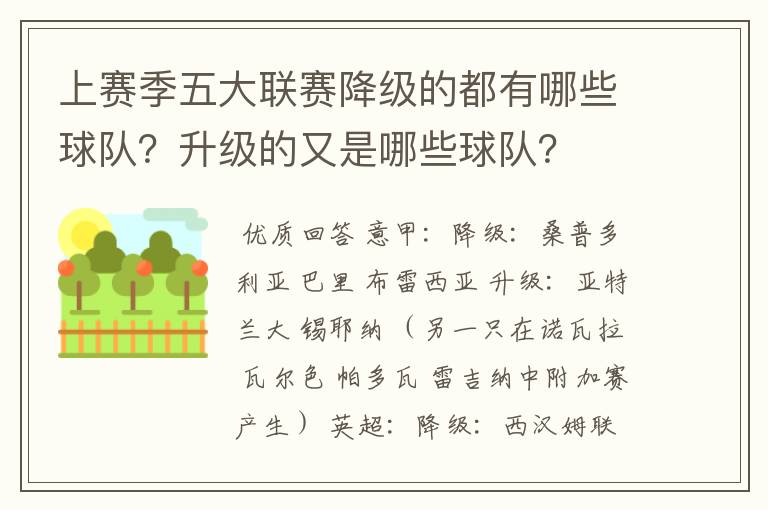 上赛季五大联赛降级的都有哪些球队？升级的又是哪些球队？