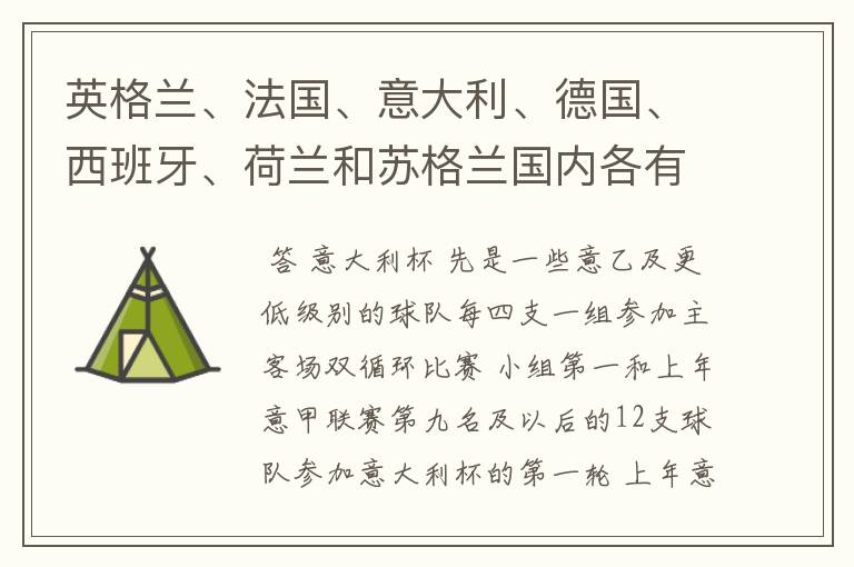 英格兰、法国、意大利、德国、西班牙、荷兰和苏格兰国内各有什么杯赛？